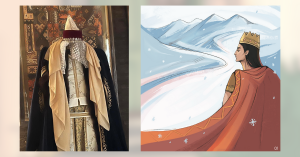 Side by side images of real taraz and ann illusrtarion of the King wearing Taraz.